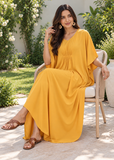 Women's Yellow Cotton Blend Maxi Kaftan Dress with Batwing Sleeves