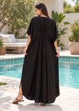 Women's Black Cotton Blend Maxi Kaftan Dress with Batwing Sleeves