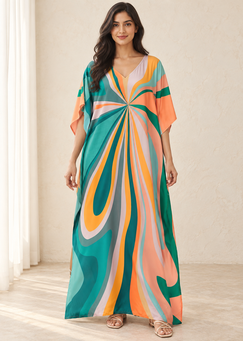 Women’s Green Multicoloured Striped Plus-Size Kaftan Beach Cover-Up