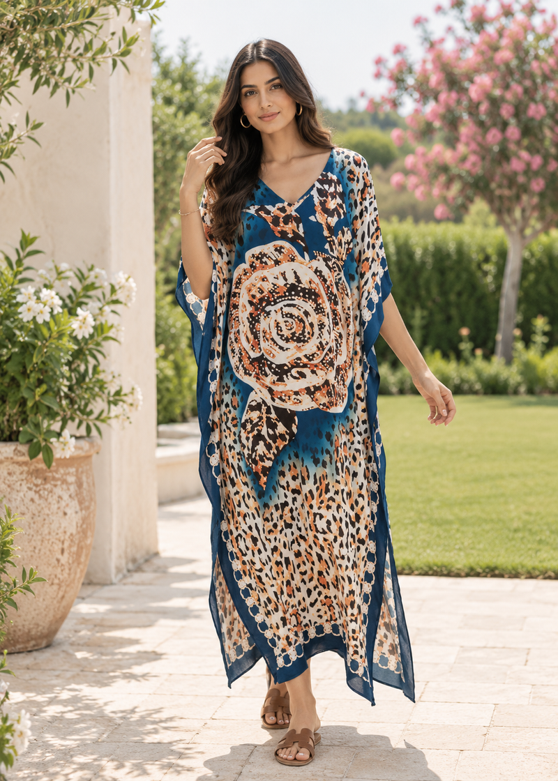 Women's Dark Blue and Brown Cotton Maxi Kaftan Beach Dress