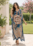 Women's Dark Blue and Brown Cotton Maxi Kaftan Beach Dress