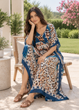 Women's Dark Blue and Brown Cotton Maxi Kaftan Beach Dress