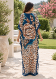 Women's Dark Blue and Brown Cotton Maxi Kaftan Beach Dress