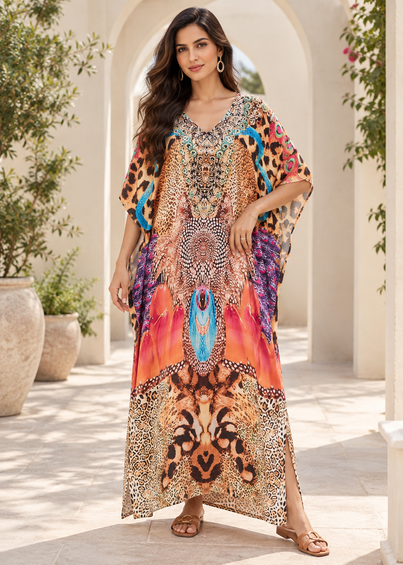 Women's Brown Tiger Print Cotton Maxi Kaftan Beach Dress