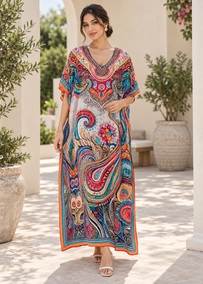 Women's Multicolour Cotton Maxi Kaftan Beach Dress