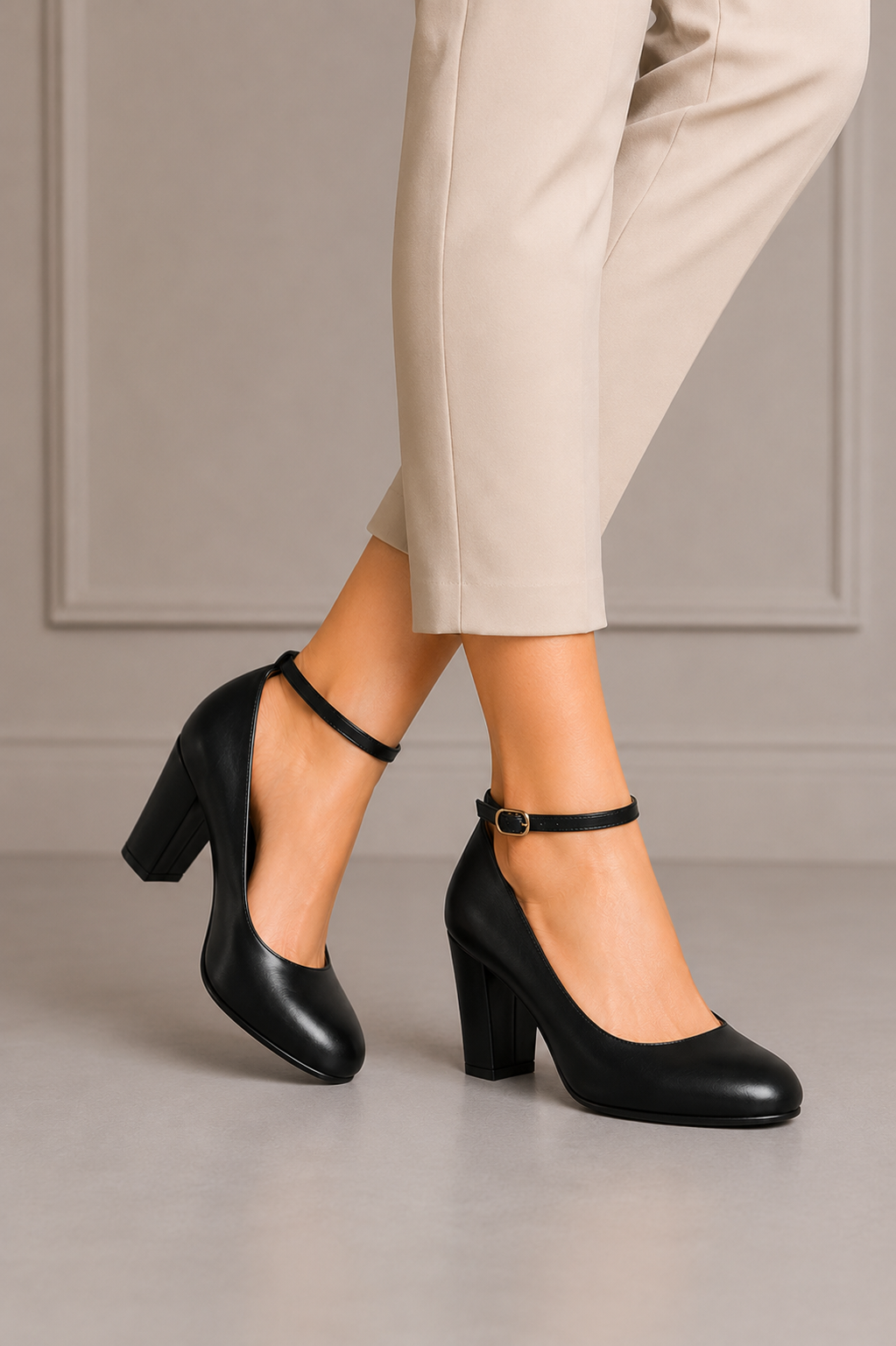 Women's Black Matte Ankle Strap Block Heel Court Shoes Round Toe 1829