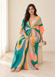 Women’s Green Multicoloured Striped Plus-Size Kaftan Beach Cover-Up