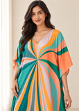 Women’s Green Multicoloured Striped Plus-Size Kaftan Beach Cover-Up