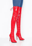 Women's Red Thigh High Over The Knee Stiletto Boots Faux Leather Back Lace Up G-748