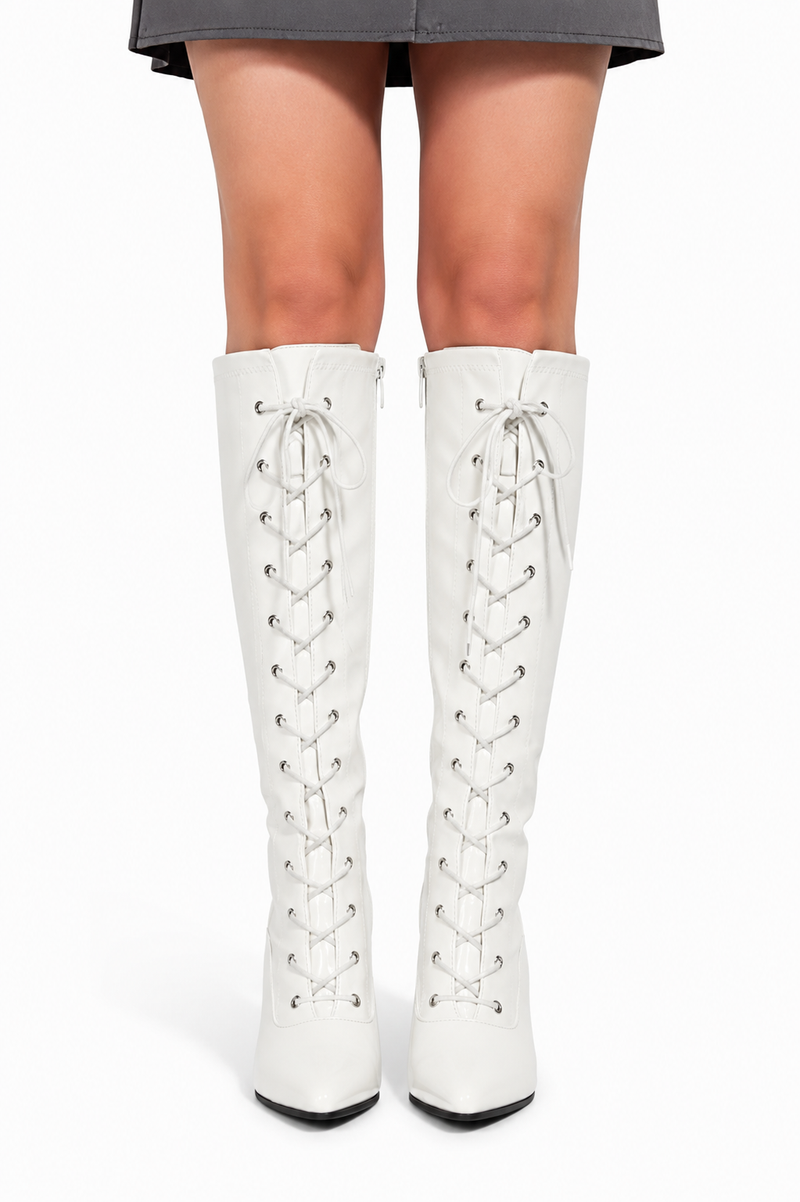 Women's White Knee High Stiletto Heel Lace Up Side Zip Boots Pointed Toe Patent PU G-719
