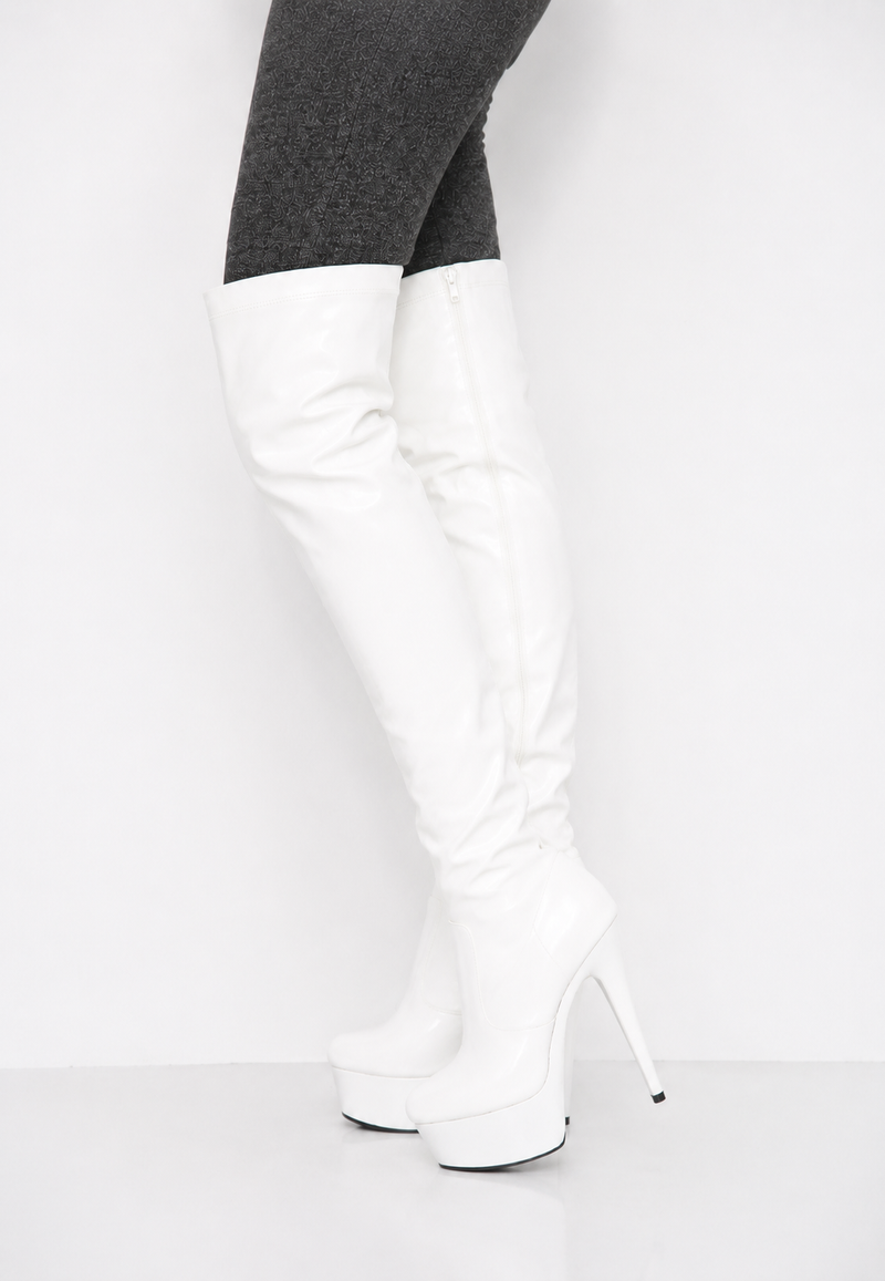 Women's White Thigh High Over The Knee Platform Stiletto Boots Synthetic Leather Zip G-777