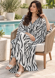 Women's White and Black Print Rayon Maxi Kaftan Beach Cover Up Dress