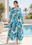 Women's Blue Grey Ink Print Rayon Maxi Kaftan Beach Cover Up Dress