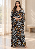 Black Grey Zebra Print Kaftan for Women – V Neck Batwing Sleeve Beach Cover Up