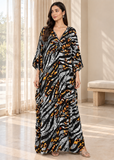 Black Grey Zebra Print Kaftan for Women – V Neck Batwing Sleeve Beach Cover Up