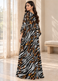 Black Grey Zebra Print Kaftan for Women – V Neck Batwing Sleeve Beach Cover Up