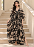 Black Khaki Tie Dye Kaftan for Women – V Neck Batwing Sleeve Beach Cover Up