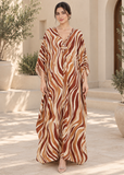 Light Brown Zebra Print Kaftan for Women – V Neck Batwing Sleeve Beach Cover Up