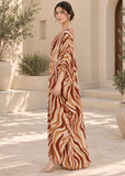Light Brown Zebra Print Kaftan for Women – V Neck Batwing Sleeve Beach Cover Up