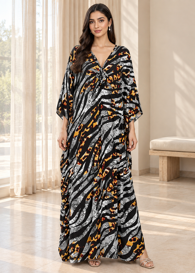 Black Grey Zebra Print Kaftan for Women – V Neck Batwing Sleeve Beach Cover Up