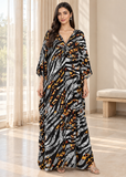 Black Grey Zebra Print Kaftan for Women – V Neck Batwing Sleeve Beach Cover Up