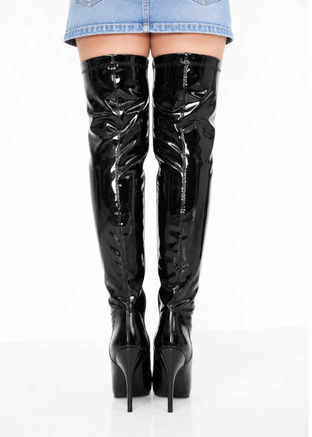 Women's Black Thigh High Over The Knee Stiletto Boots Faux Leather Zip G-051