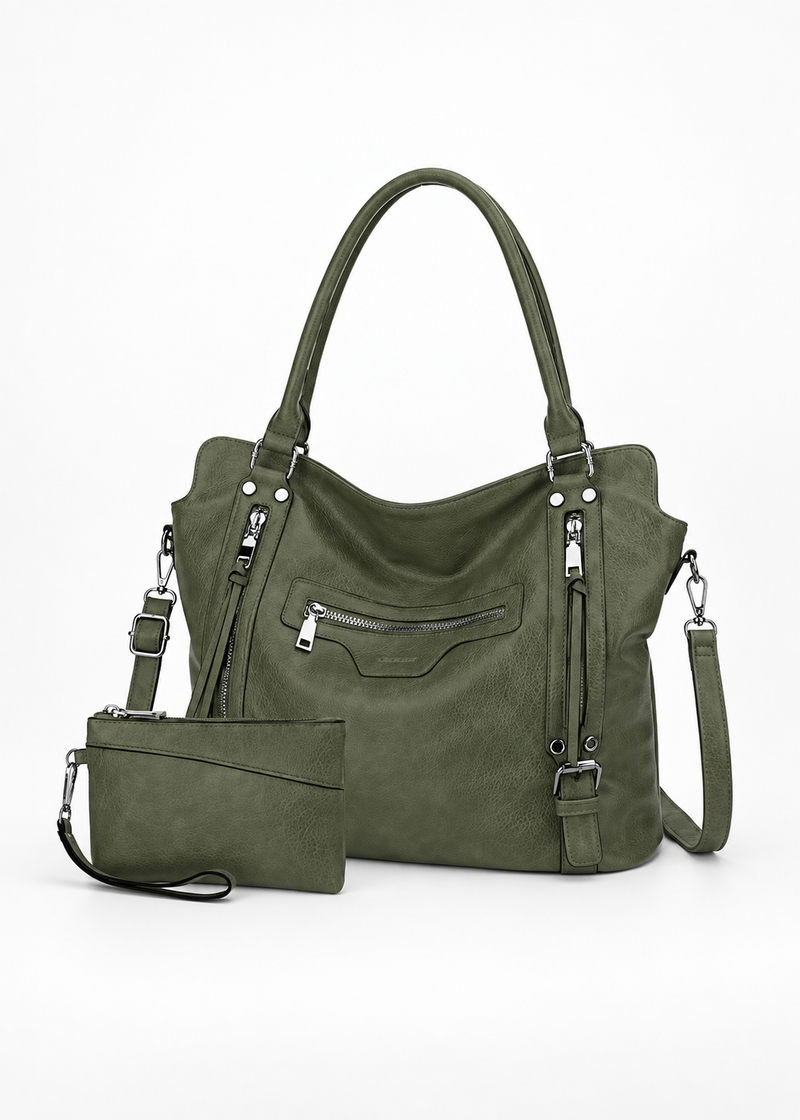 Women’s Dark Green Large Faux Leather Hobo Bag with Matching Purse – 2-Piece Set