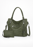 Women’s Dark Green Large Faux Leather Hobo Bag with Matching Purse – 2-Piece Set