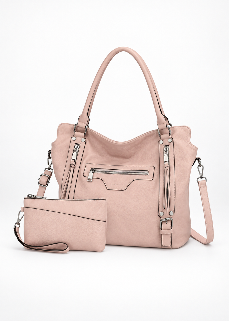 Women’s Dusty Pink Large Faux Leather Hobo Bag with Matching Purse – 2-Piece Set