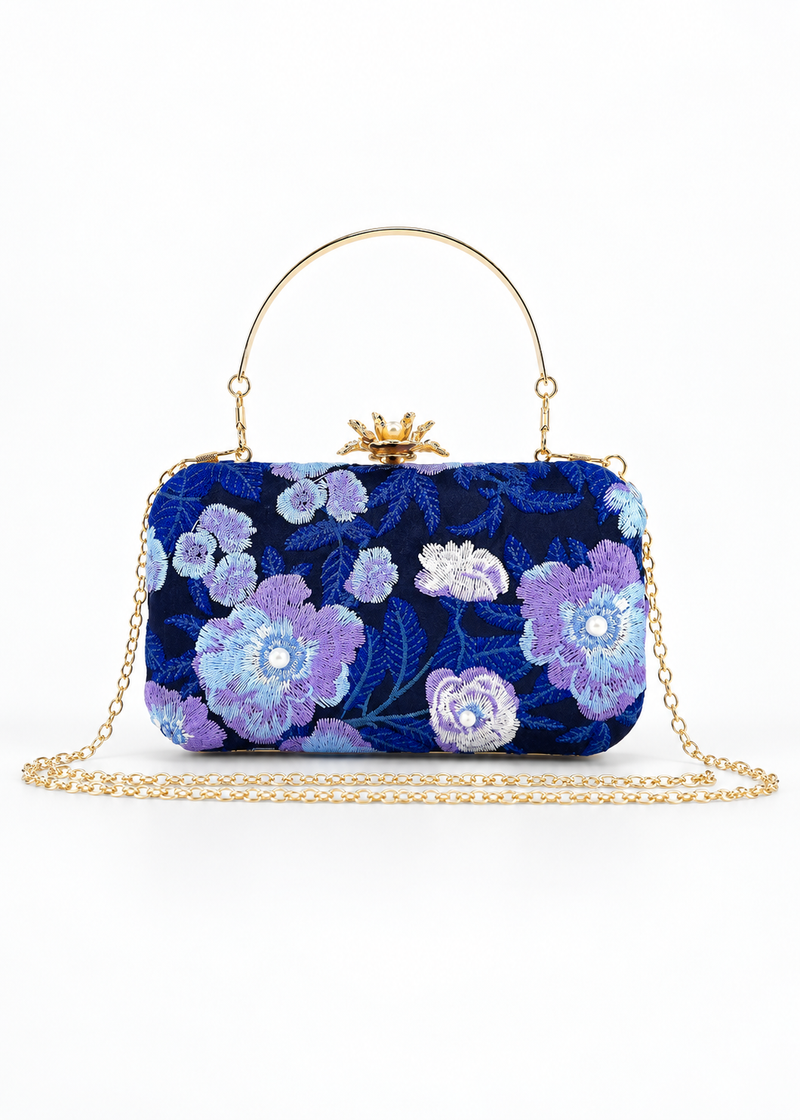 Women’s Embroidery-navy Blue Beaded Floral Evening Clutch Bag with Chain – Wedding, Prom & Party Handbag