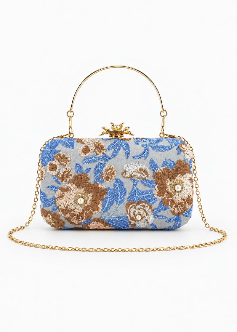 Women’s Embroidery Blue Beaded Floral Evening Clutch Bag with Chain – Wedding, Prom & Party Handbag