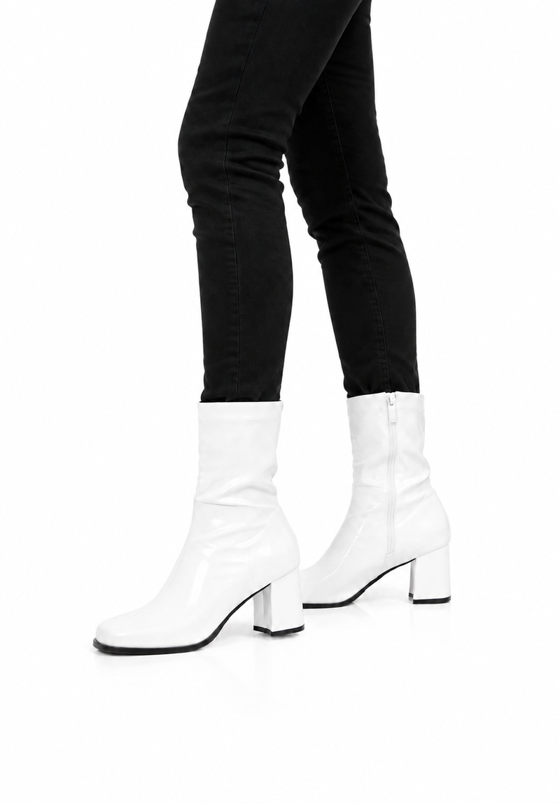Women’s Go Go Boots Mid Calf Block Heel Zipper White ankle Boot G-732