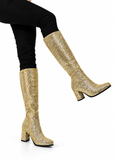 Women's Gold Glitter GoGo Boots Knee High Block Heel Retro Fancy Dress 1960s 1970s