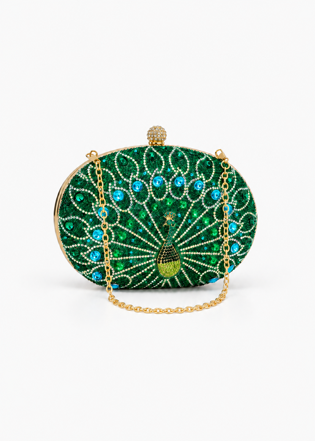 Women’s Green Peacock Sequin Clutch Bag with Chain – Vintage Rhinestone Evening Handbag