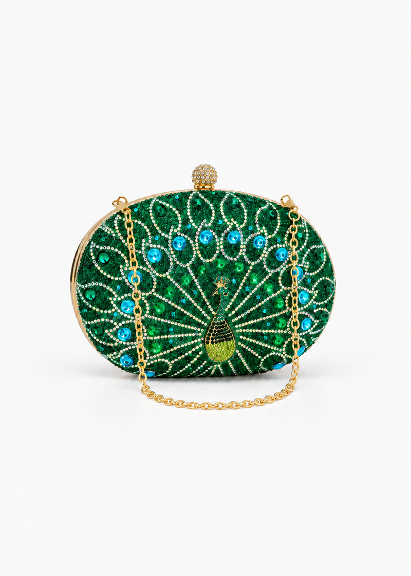 Women’s Green Peacock Sequin Clutch Bag with Chain – Vintage Rhinestone Evening Handbag