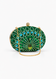 Women’s Green Peacock Sequin Clutch Bag with Chain – Vintage Rhinestone Evening Handbag