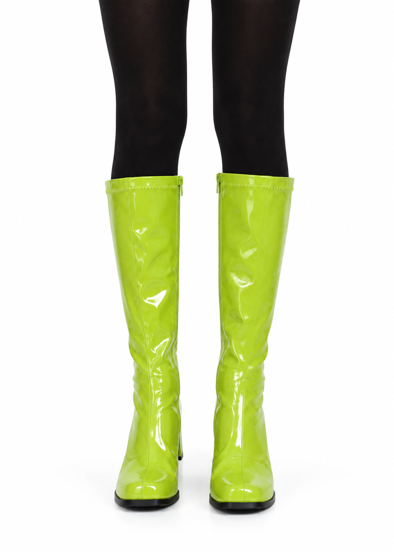 Women's Lime Green GoGo Boots Knee High Block Heel Retro Fancy Dress 1960s 1970s