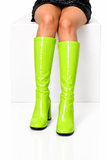 Women's Lime Green Knee High Block Heel Boots Zip 12733