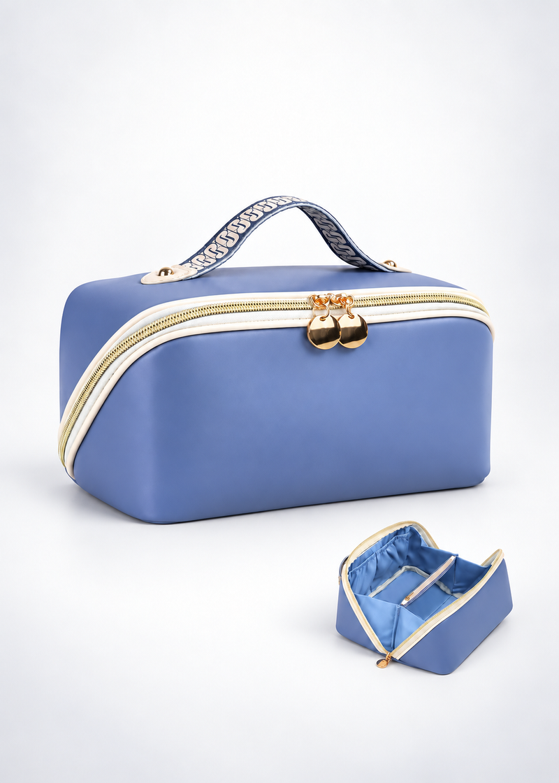 Women’s PU Leather Flat-Lay Travel Makeup Bag with Brush Pocket