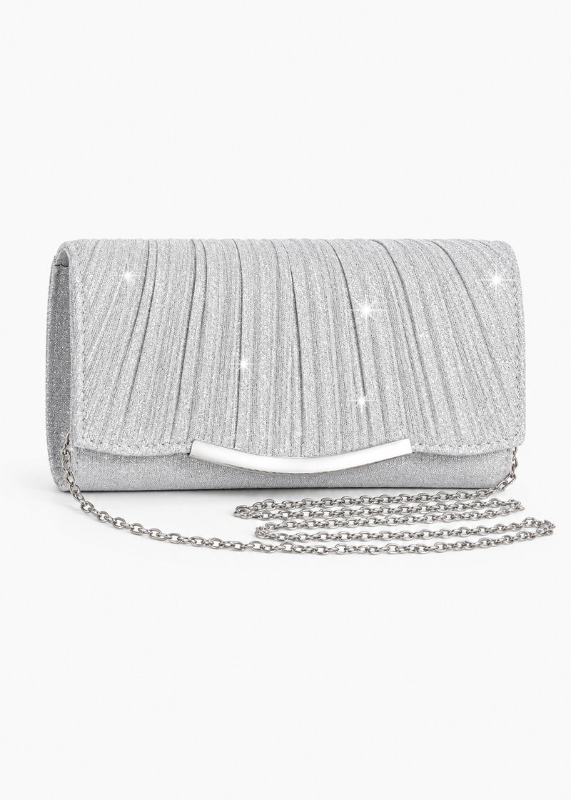 Women’s Silver Glitter Envelope Clutch Bag with Detachable Chain