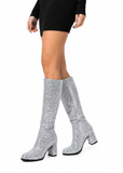 Women's Silver Glitter GoGo Boots Knee High Block Heel Retro Fancy Dress 1960s 1970s