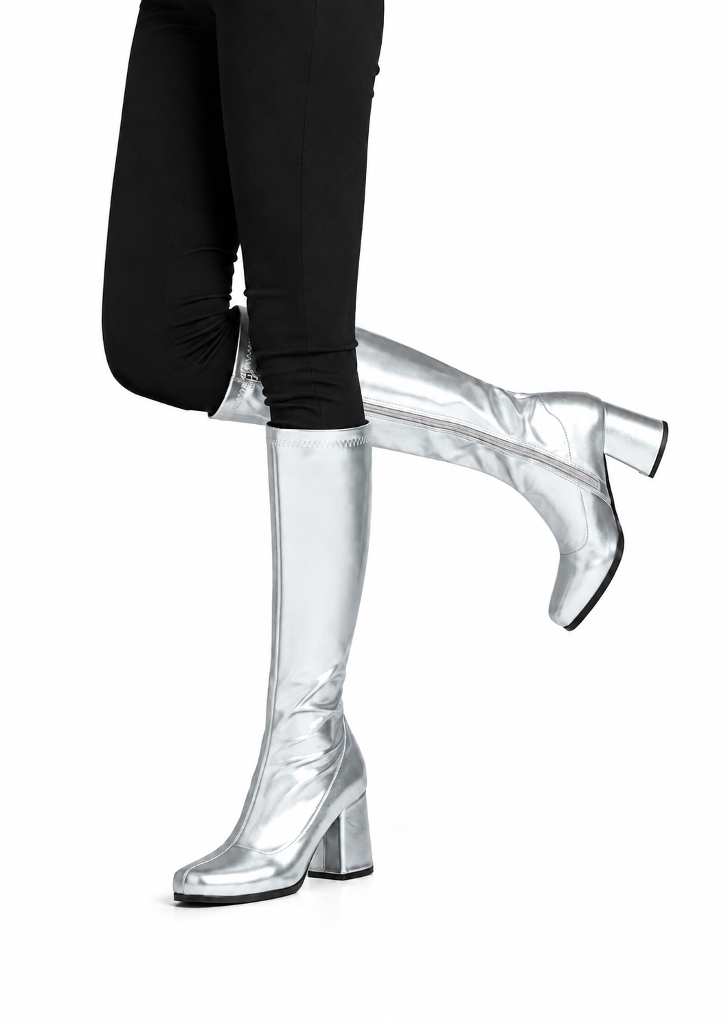 Women's Silver GoGo Boots Knee High Block Heel Retro Fancy Dress 1960s 1970s