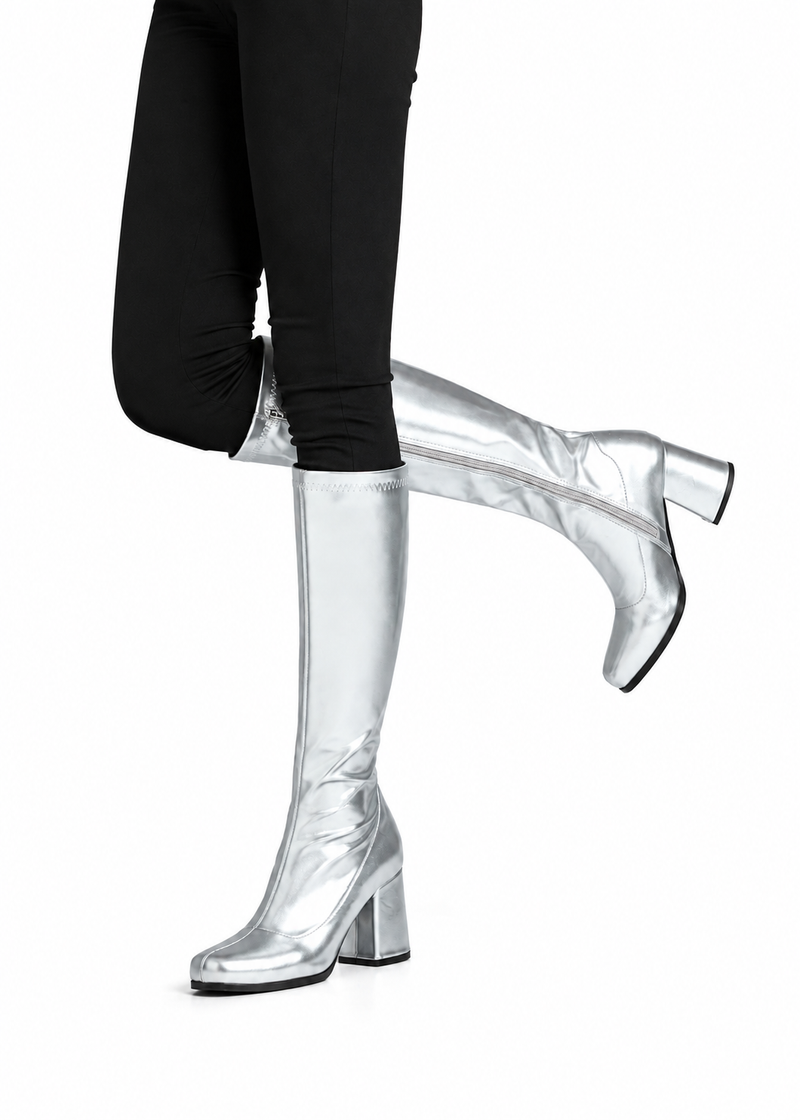 Women's Silver GoGo Boots Knee High Block Heel Retro Fancy Dress 1960s 1970s