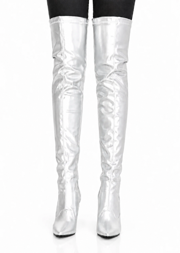 Women's Silver Thigh High Over The Knee Stiletto Boots Faux Leather Zip G-051