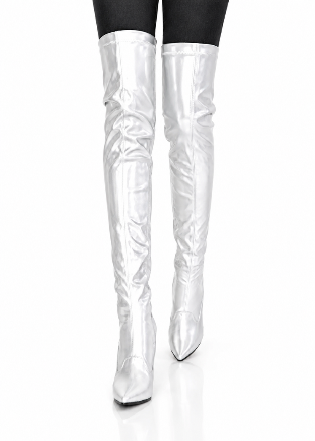 Women's Silver Thigh High Over The Knee Stiletto Boots Faux Leather Zip G-051