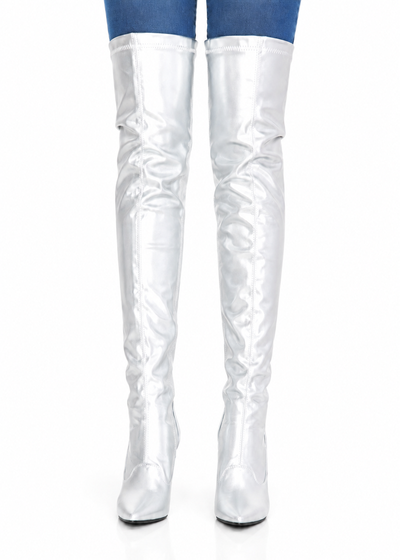 Women's Silver Thigh High Over The Knee Stiletto Boots Faux Leather Zip G-051