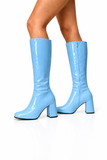 Women's Sky Blue Knee High Block Heel Boots Zip 12733