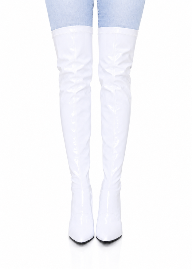 Women's White Thigh High Over The Knee Stiletto Boots Faux Leather Zip G-051