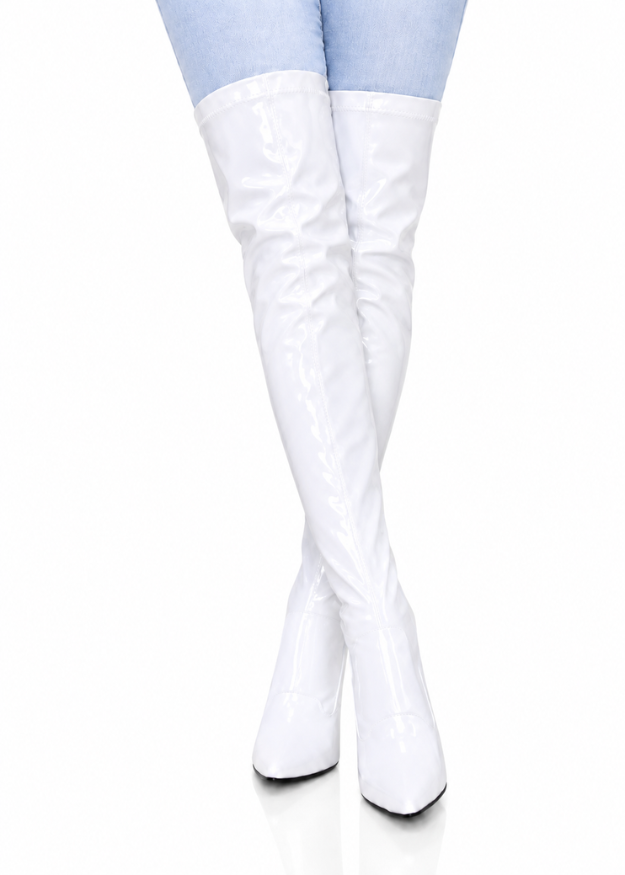 Women's White Thigh High Over The Knee Stiletto Boots Faux Leather Zip G-051