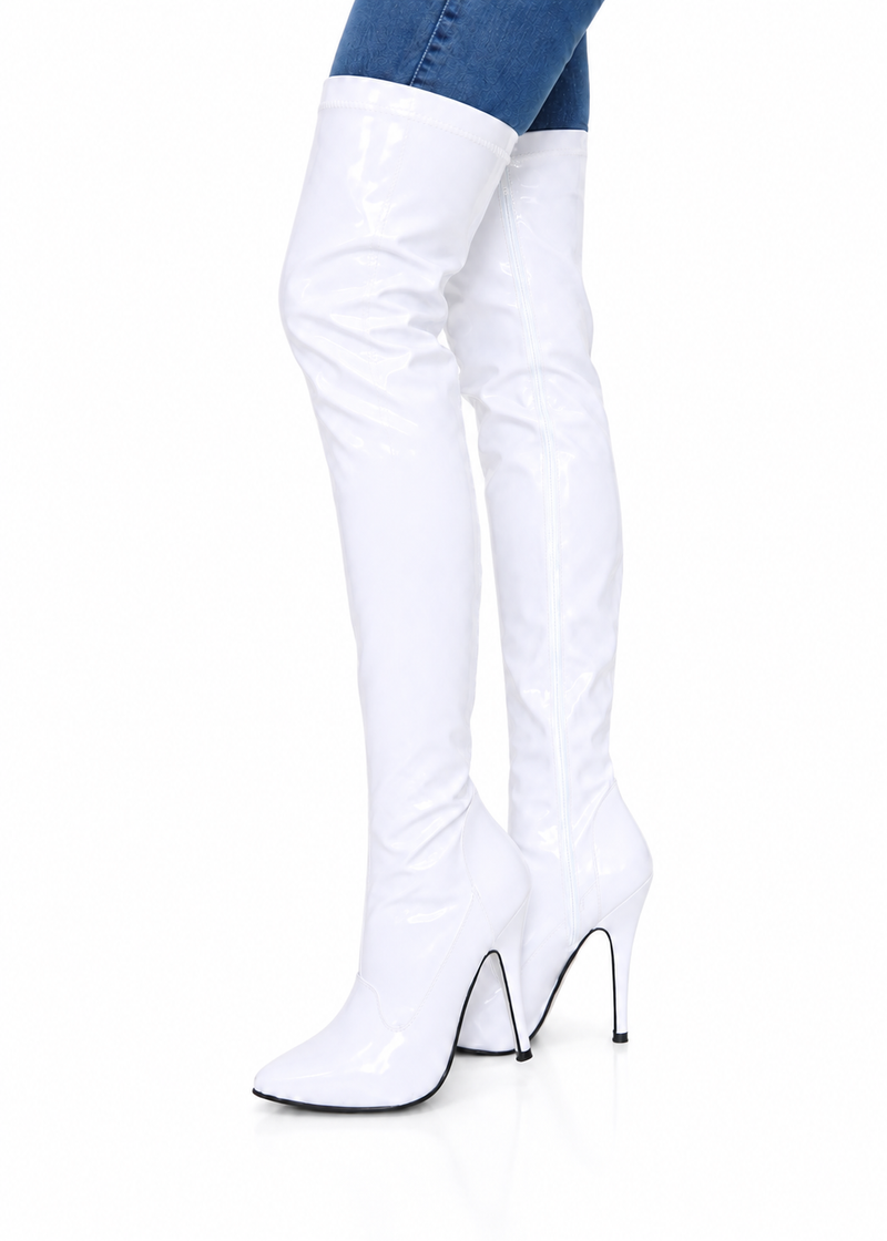 Women's White Thigh High Over The Knee Stiletto Boots Faux Leather Zip G-051